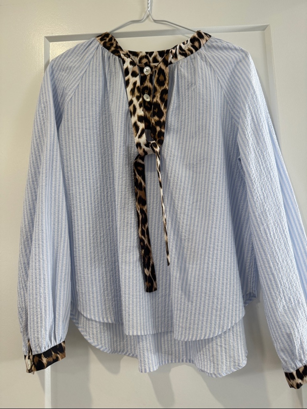 Blue and white striped seersucker Blouse with Silk Leopard Trim